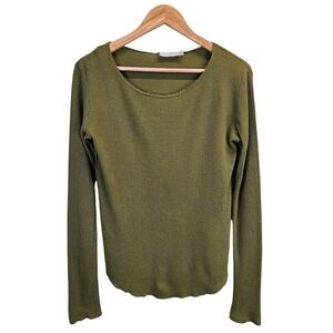 Vince Olive Green Thermal Long Sleeve Top 100% Pima Cotton Minimalist Luxe M